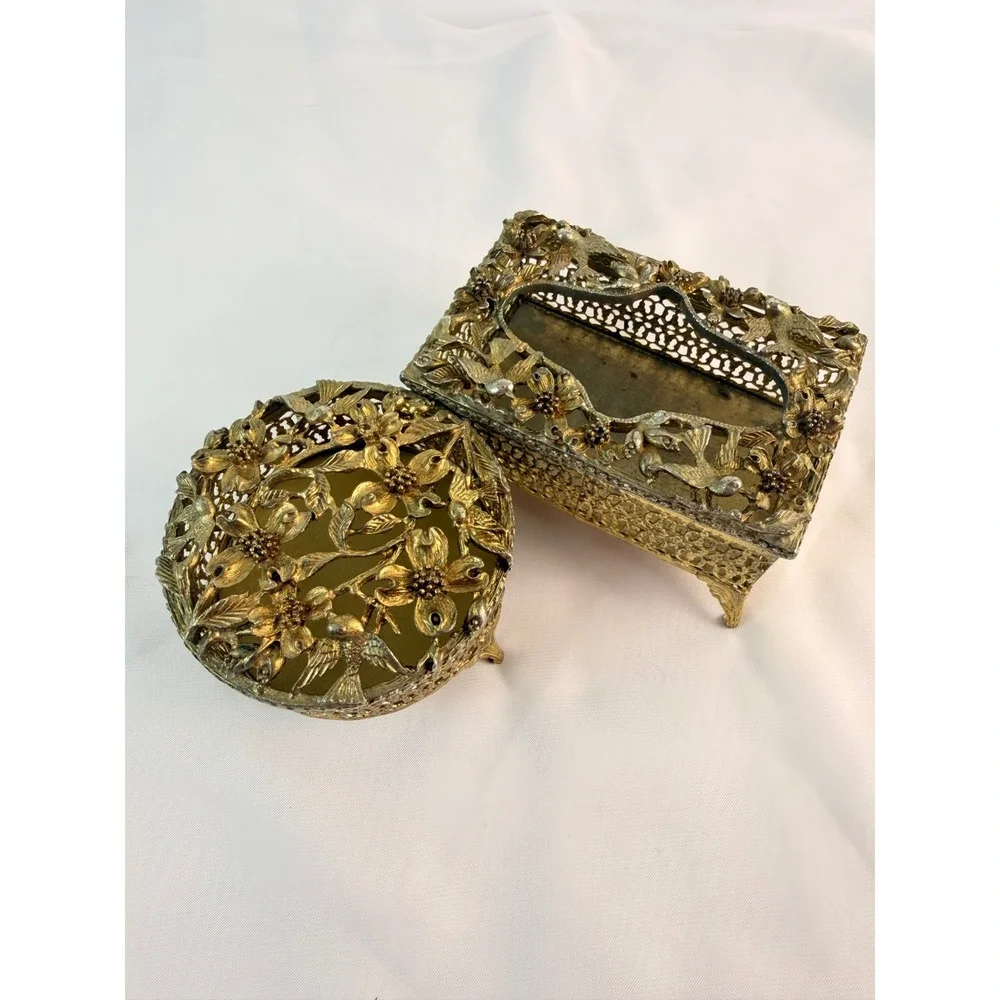 Vintage Hollywood Regency Gold Filigree Bird Flower Tissue Box & Trinket Jar Set